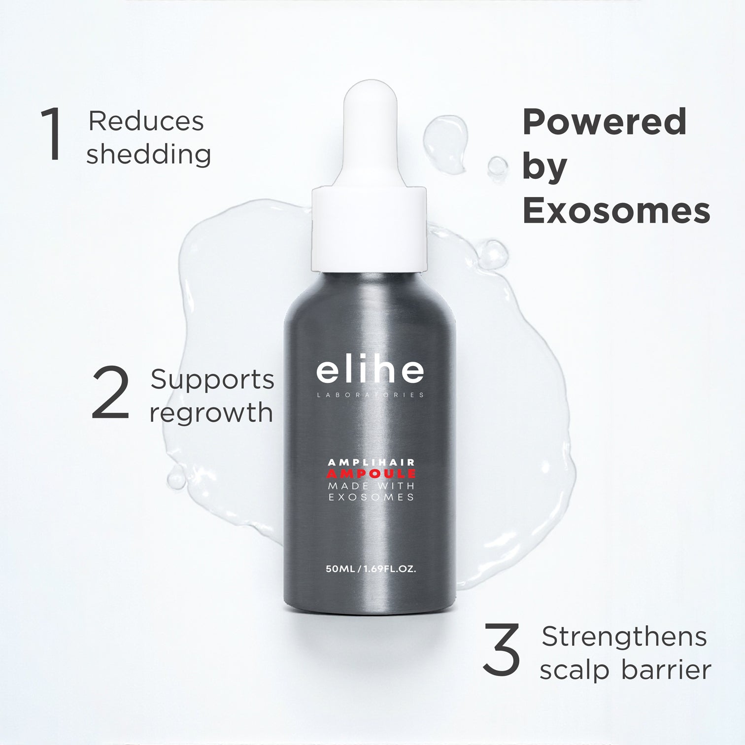 elihe AmpliHair hair growth ampoule resting on liquid