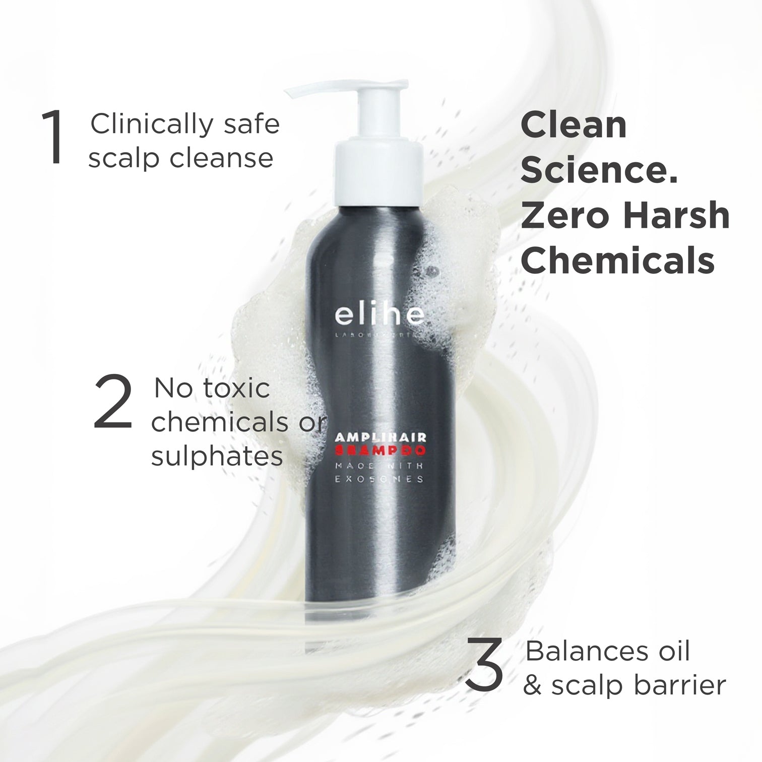 elihe AmpliHair hair loss shampoo on a bed of foam